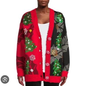 Holiday Time Festive Christmas Tree Cardigan Sweater - Red and Black, Large